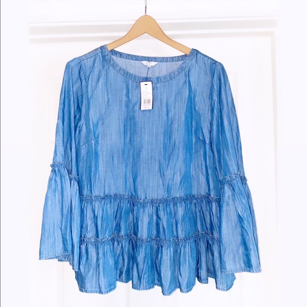 crown & ivy Blue Tiered Peasant Blouse